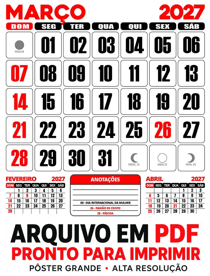Calendário 2027 Parede Março PDF