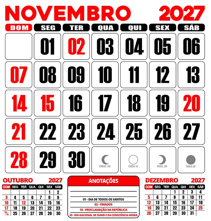 Calendário 2027 Parede Novembro Editável