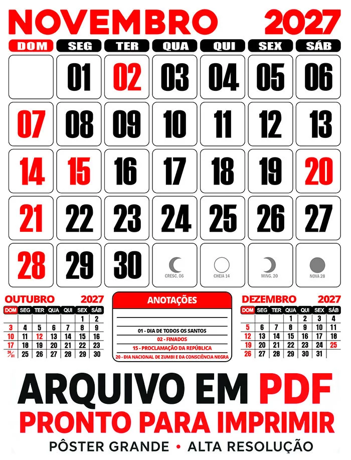 Calendário 2027 Parede Novembro PDF