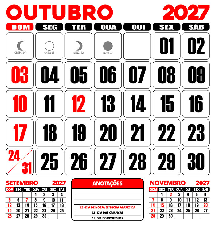 Calendário 2027 Parede Outubro Editável