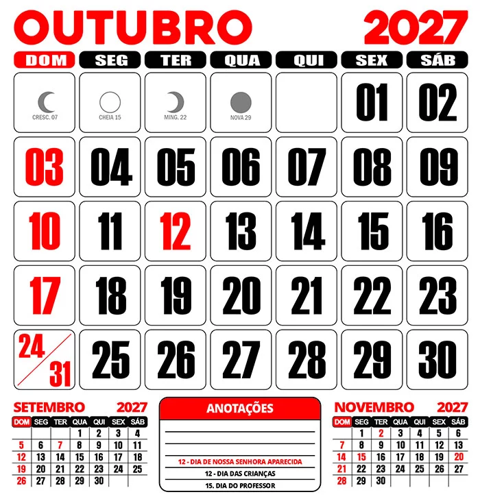 Calendário 2027 Parede Outubro Editável