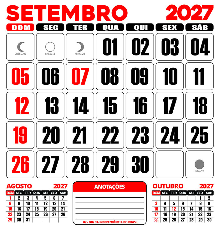Calendário 2027 Parede Setembro Editável
