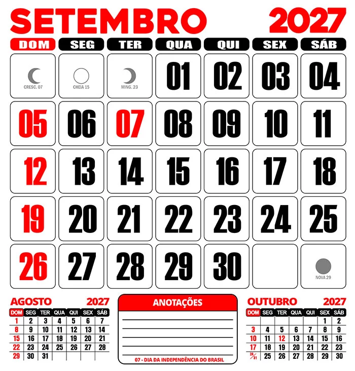 Calendário 2027 Parede Setembro Editável