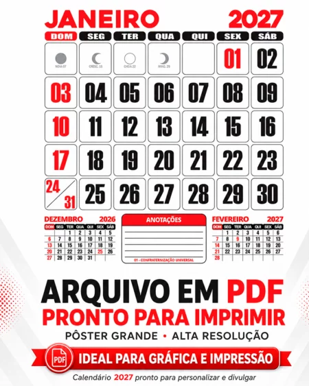Calendário 2027 Parede em PDF Pôster Grande
