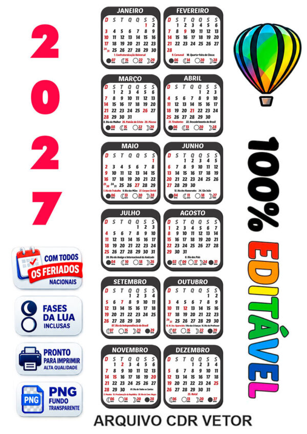 Calendário 2027 Preto Vertical Vetor CDR para Editar