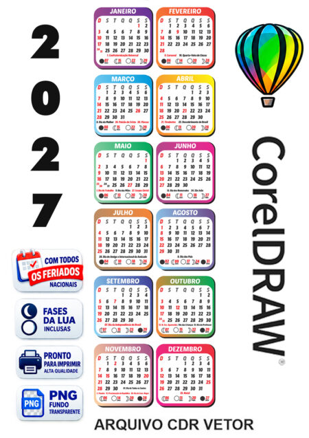 Calendário 2027 Vertical Colorido CDR Vetor Completo