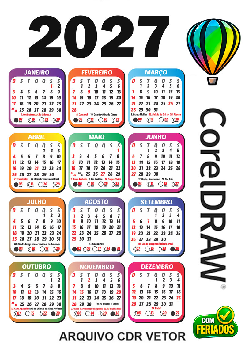 Calendário 2027 de Bolso Colorido Feriado Completo