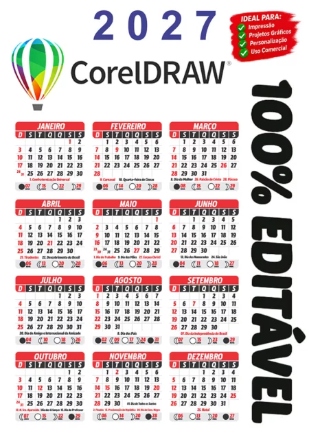 Calendário 2027 de Bolso com Feriados Arquivo Digital