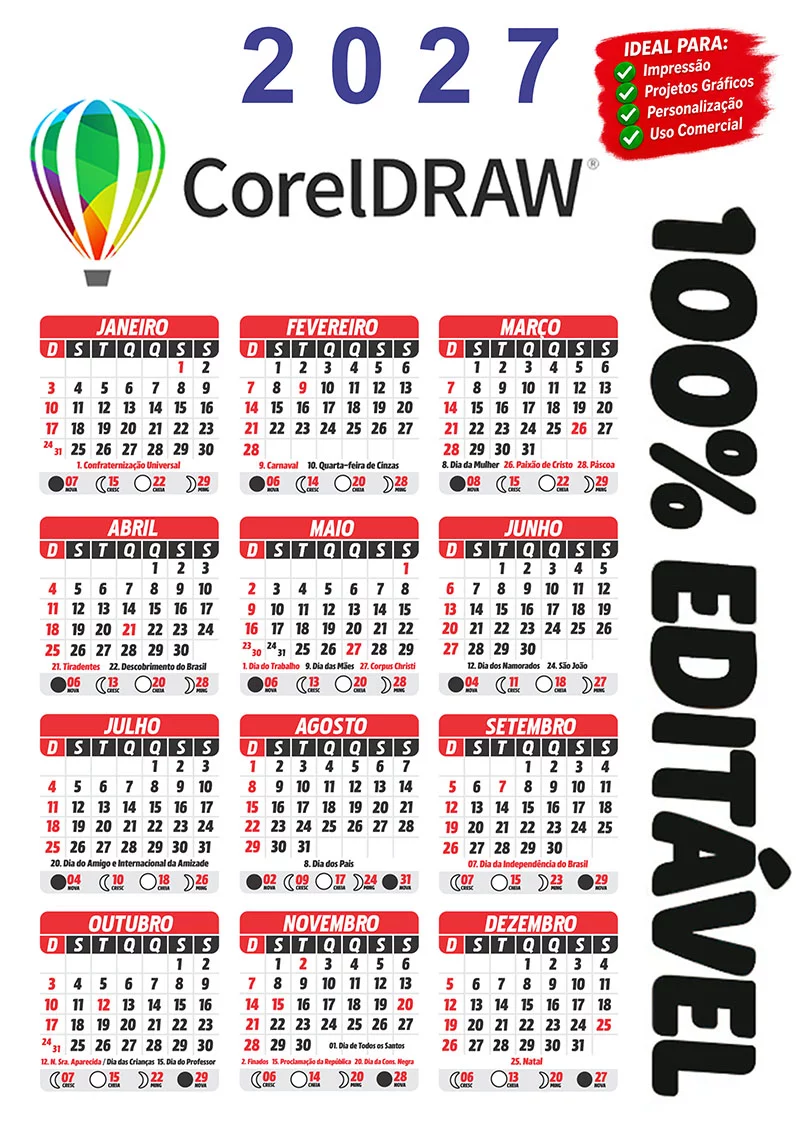 Calendário 2027 de Bolso com Feriados Arquivo Digital