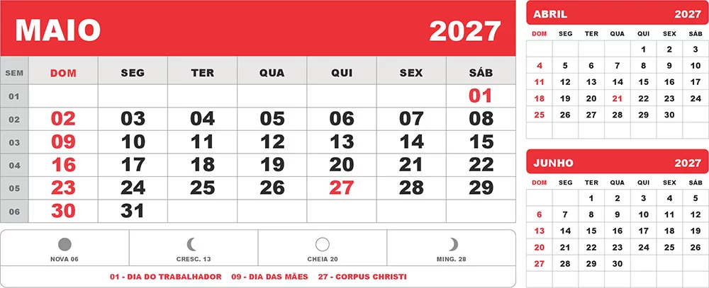 Calendário 2027 de Mesa Maio