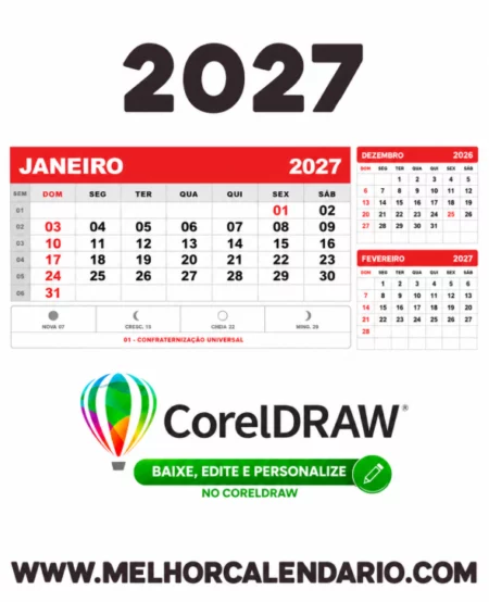 Calendário de Mesa 2027 com Feriados em Vetor CDR Editável
