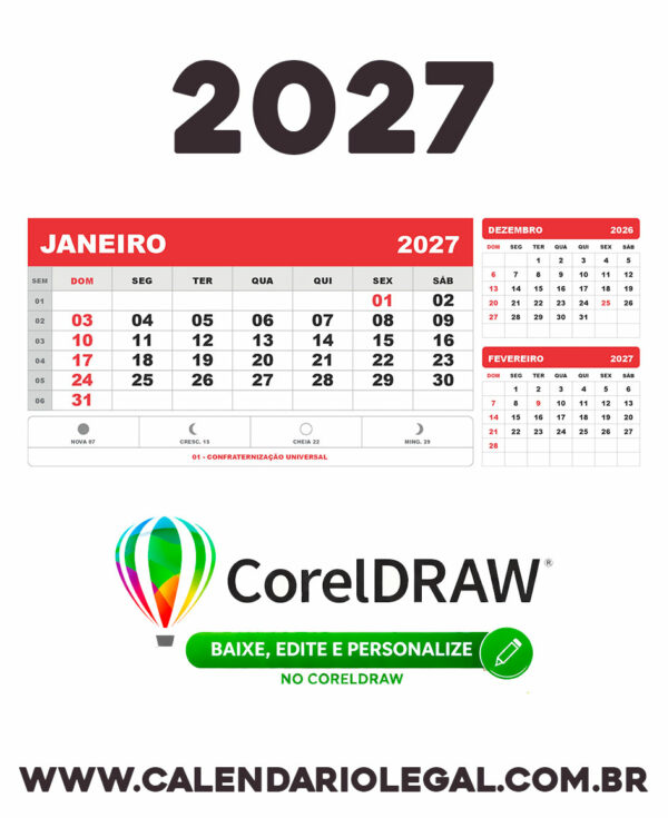 Calendário 2027 de Mesa com Feriados Editável Vetor CDR